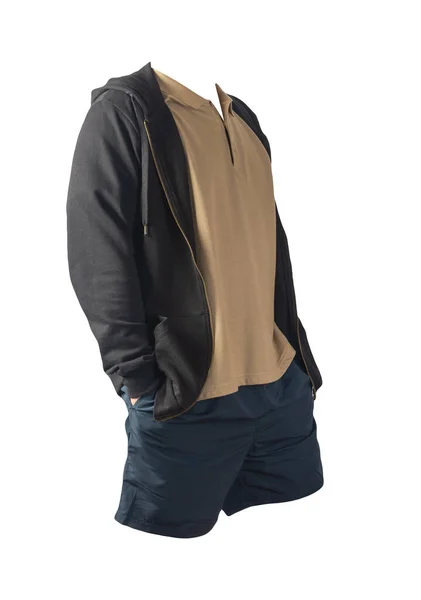 Black Sweatshirt Iron Zipper Hoodie Light Brown Shirt Dark Blue — Stock Photo, Image