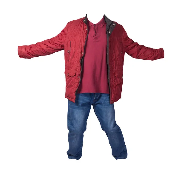 Giacca Rossa Camicia Rosso Scuro Jeans Blu Isolati Sfondo Bianco — Foto Stock