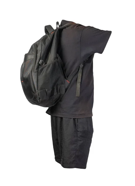 Schwarzer Rucksack Schwarze Sporthose Schwarzes Shirt Kleidung Für Jeden Tag — Stockfoto