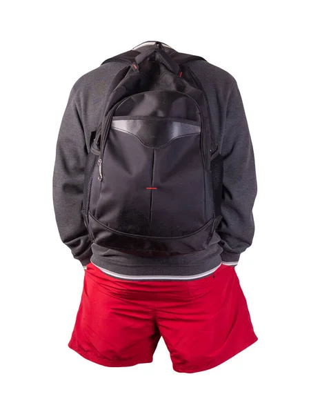 Schwarzer Rucksack Grauweißes Sweatshirt Rote Shorts Auf Weißem Hintergrund Sportbekleidung — Stockfoto
