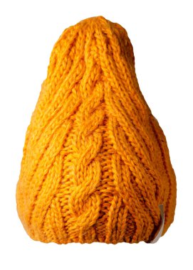 Kadın sarı şapkası. Örgü şapka beyaz arkaplanda izole.