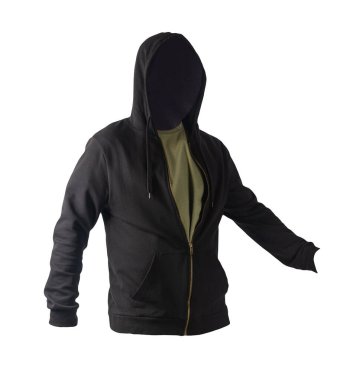 Siyah kazaklı, kapüşonlu demir fermuarlı ve beyaz arka planda izole edilmiş zeytin tişörtlü. Sportif tarzda.