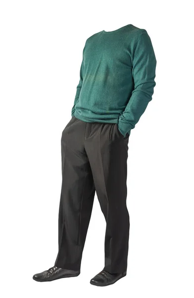 Männer Grüner Pullover Schwarze Hose Und Schwarze Lederschuhe Auf Weißem — Stockfoto