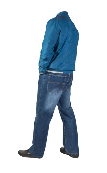 Темно Синие Джинсы Черные Кожаные Туфли Голубая Куртка Ветровка Изолированы — стоковое фото