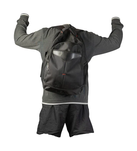 Schwarzer Rucksack Grauweißes Sweatshirt Schwarze Shorts Auf Weißem Hintergrund Sportbekleidung — Stockfoto