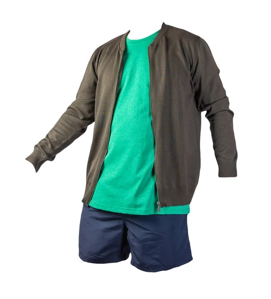 mens dark green bomber jacket,retro heather green t-shirt and dark blue sports shorts isolated on white background. fashionable casual wear