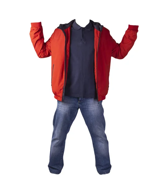 Röd Jacka Mörkblå Skjorta Och Blå Jeans Isolerad Vit Bakgrund — Stockfoto