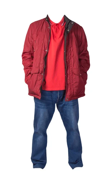 Rote Jacke Orangefarbenes Hemd Und Blaue Jeans Auf Weißem Hintergrund — Stockfoto