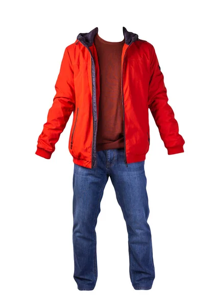 Oranje Jas Met Rits Rode Trui Blauwe Jeans Geïsoleerd Witte — Stockfoto