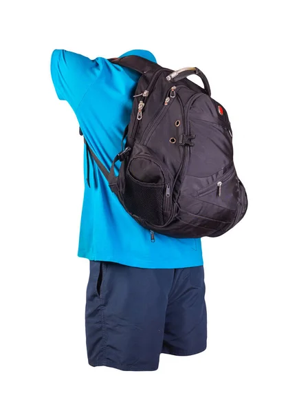 Schwarzer Rucksack Dunkelblaue Sporthose Blaues Hemd Mit Kragen Und Knöpfen — Stockfoto