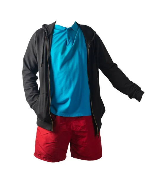 Camisola Preta Com Capuz Zíper Ferro Camiseta Azul Shorts Esportivos — Fotografia de Stock
