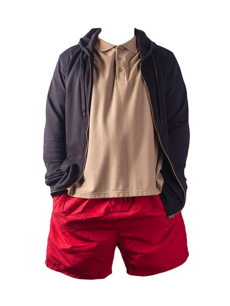 Camisola Preta Com Capuz Zíper Ferro Camiseta Bege Shorts Esportivos — Fotografia de Stock