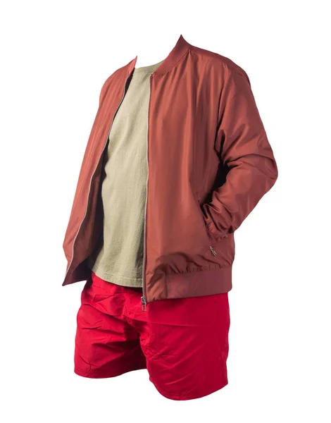 Heren Rode Bomberjack Olijf Shirt Rode Sportbroek Geïsoleerd Witte Achtergrond — Stockfoto