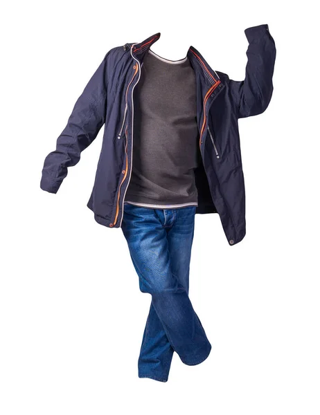 Dunkelblaue Jacke Mit Reißverschluss Grauer Pullover Und Blaue Jeans Auf — Stockfoto