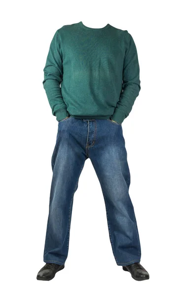 Mörkblå Jeans Svarta Läderskor Grön Tröja Isolerad Vit Bakgrund Tillfällig — Stockfoto