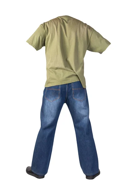 Jeans Azul Escuro Sapatos Couro Preto Camiseta Azeitona Isolada Fundo — Fotografia de Stock
