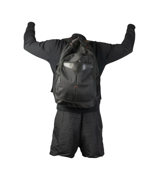 Schwarzer Rucksack Schwarze Shorts Schwarzer Pullover Auf Weißem Hintergrund Freizeitkleidung — Stockfoto