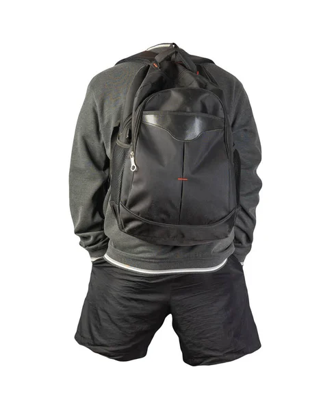 Schwarzer Rucksack Grauweißes Sweatshirt Schwarze Shorts Auf Weißem Hintergrund Sportbekleidung — Stockfoto