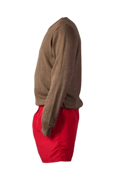 Camisola Marrom Malha Shorts Vermelhos Isolados Fundo Branco Roupas Moda — Fotografia de Stock