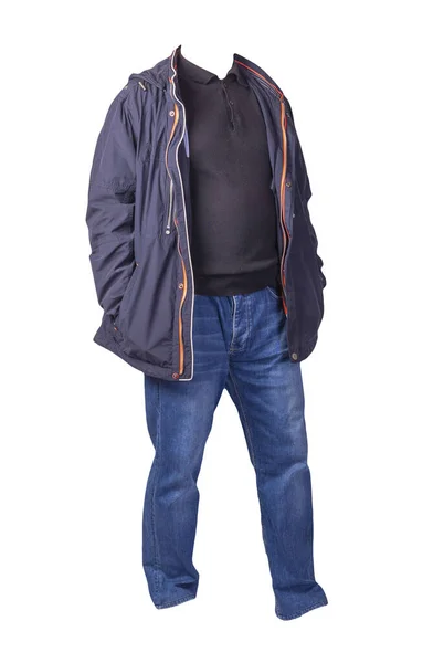 Dunkelblaue Jacke Mit Reißverschluss Schwarzer Pullover Und Blaue Jeans Auf — Stockfoto