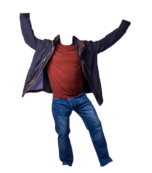 Blaue Jacke Mit Reißverschluss Roter Pullover Und Blaue Jeans Auf — Stockfoto