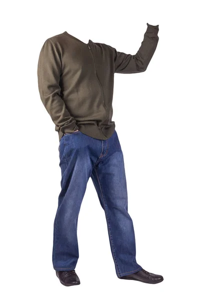 Dunkelblaue Jeans Schwarze Lederschuhe Dunkelgrüne Gestrickte Bomberjacke Auf Weißem Hintergrund — Stockfoto