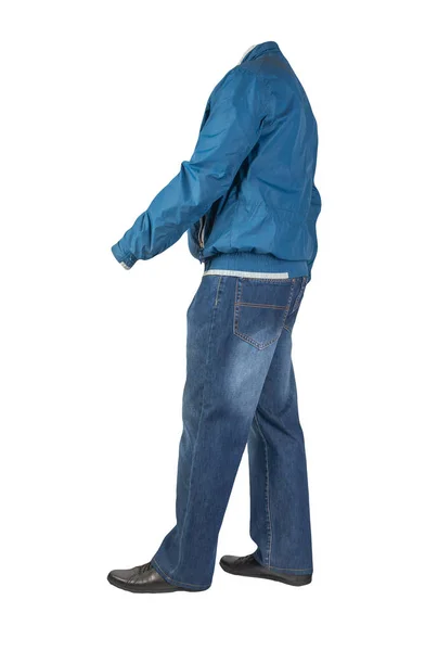 Dunkelblaue Jeans Schwarze Lederschuhe Blaue Windjacke Auf Weißem Hintergrund Lässiger — Stockfoto