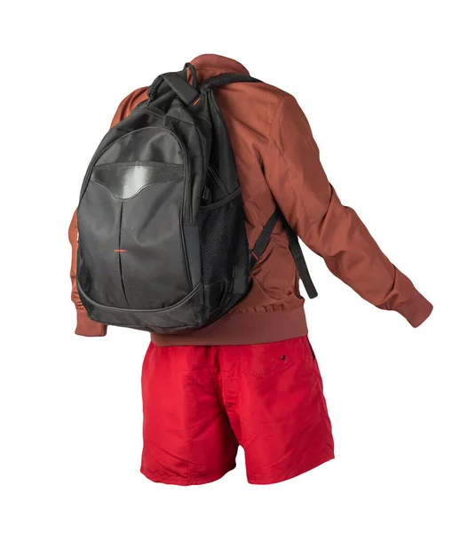 Mochila Negra Pantalones Cortos Rojos Chaqueta Bombardero Punto Rojo Verano — Foto de Stock