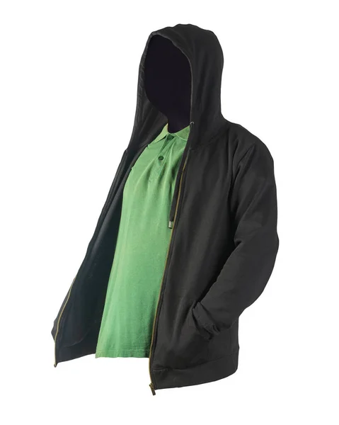 Schwarzes Sweatshirt Mit Eisernem Reißverschluss Kapuzenpulli Und Dunkelgrünem Shirt Auf — Stockfoto