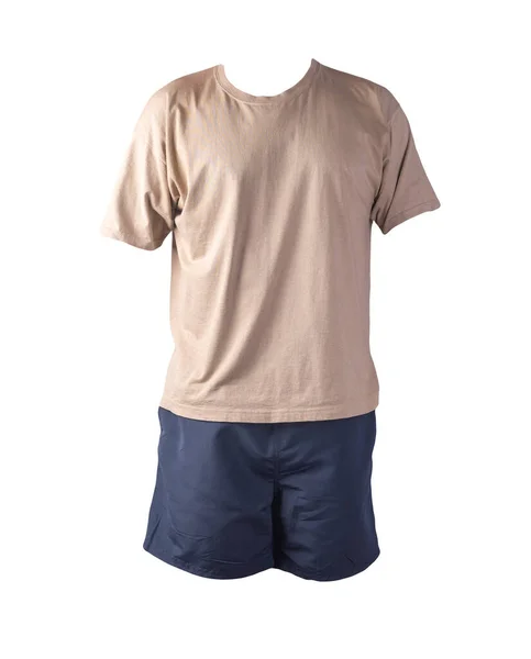 Pánské Sportovní Tmavě Modré Kraťasy Béžové Tričko Izolované Bílém Pozadí — Stock fotografie