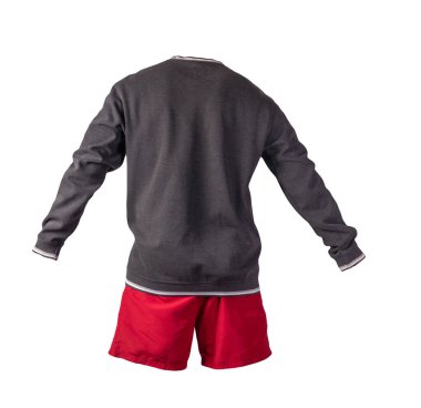Beyaz arka planda gri eşofman ve kırmızı spor şortlar var. Günlük spor kıyafetleri.