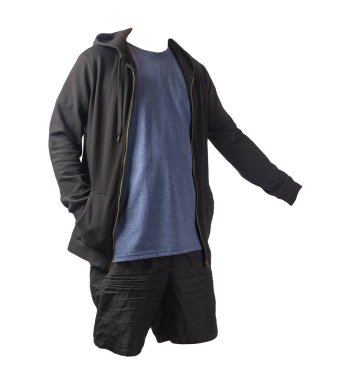 Demir fermuarlı kapüşonlu siyah sweatshirt, eski moda Heather denizci tişörtü ve beyaz arka planda izole edilmiş siyah spor şortu. Günlük spor kıyafetleri.