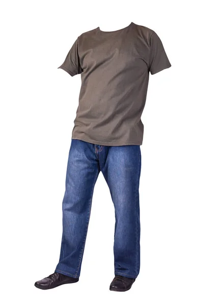 Mörkblå Jeans Svarta Läderskor Grå Shirt Isolerad Vit Bakgrund Tillfällig — Stockfoto