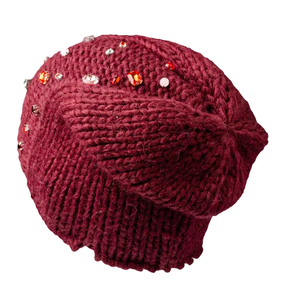 Cappello Donna Bordeaux Con Corde Cappello Lavorato Maglia Isolato Sfondo — Foto Stock