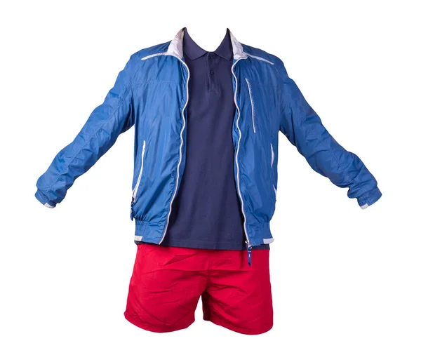 Blauweiße Jacke Dunkelblaues Hemd Und Rote Sporthose Auf Weißem Hintergrund — Stockfoto