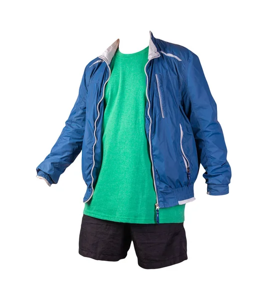 Mens Blue White Windbreaker Jacket Retro Heather Green Shirt Black — Stock Photo, Image