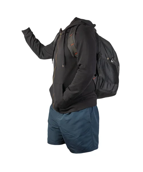 Black Backpack Black Sweatshirt Hood Dark Blue Shorts Isolated White — Stock Photo, Image