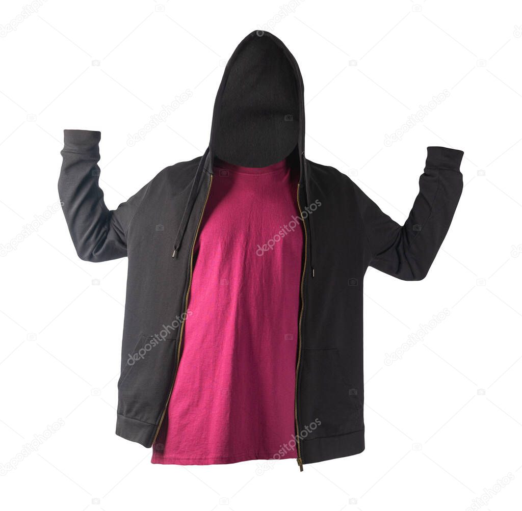 black sweatshirt with iron zipper with hoodie and burgundy t-shirt   isolated on white background.sporty style