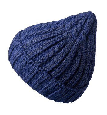 Kadınların koyu mavi şapkası. Örgü şapka beyaz arkaplanda izole.