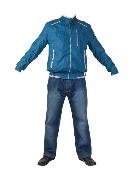 Dunkelblaue Jeans Schwarze Lederschuhe Blaue Windjacke Auf Weißem Hintergrund Lässiger — Stockfoto