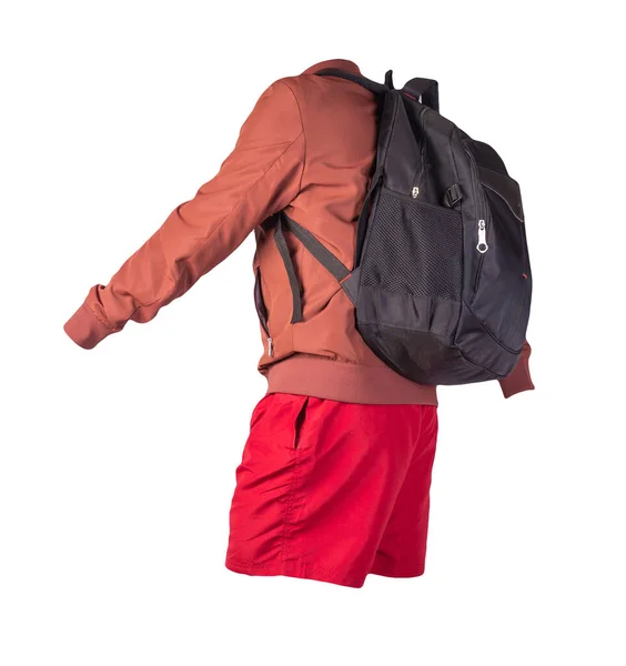 black backpack,red shorts,red summer knitted bomber jacket isolated on white background. casual wear