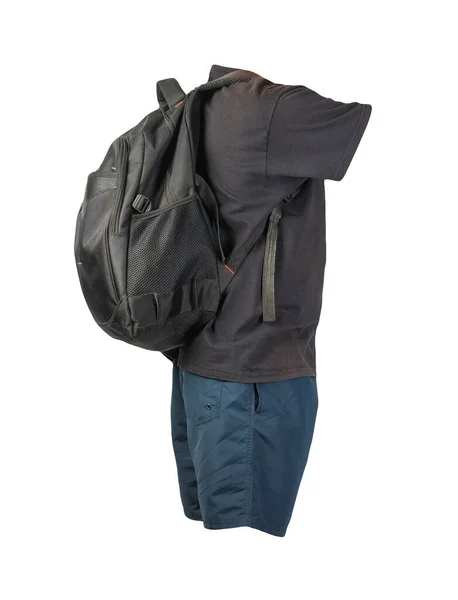 Schwarzer Rucksack Dunkelblaue Sporthose Schwarzes Shirt Kleidung Für Jeden Tag — Stockfoto