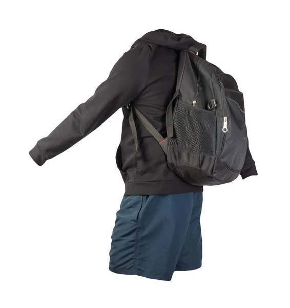 Mochila Preta Camisola Preta Com Capuz Calções Azuis Escuros Isolados — Fotografia de Stock