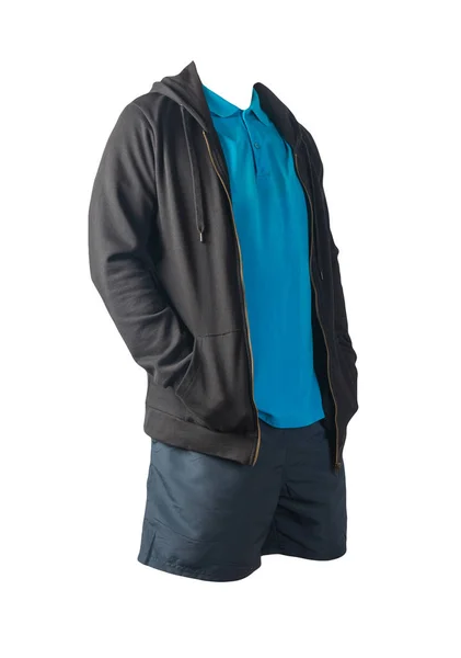 Camisola Preta Com Capuz Zíper Ferro Camisa Azul Calções Esportivos — Fotografia de Stock