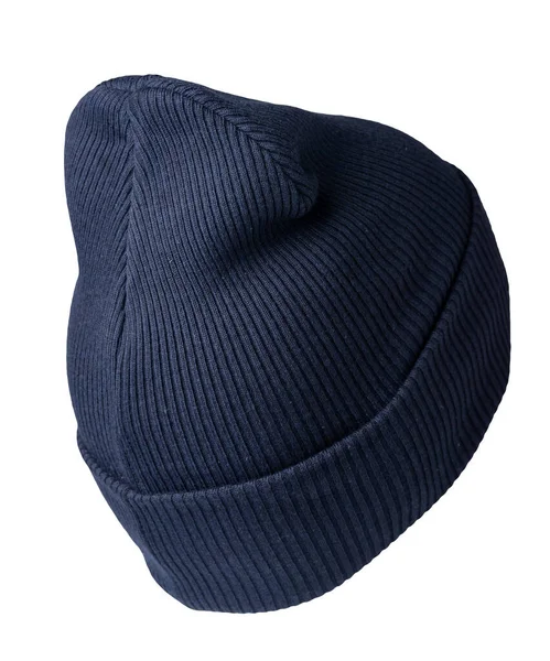 Cappello Blu Scuro Lavorato Maglia Isolato Uno Sfondo Bianco Accessorio — Foto Stock