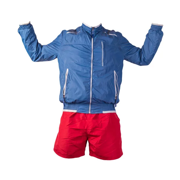 Mens Azul Jaqueta Branca Esportes Shorts Vermelhos Isolados Fundo Branco — Fotografia de Stock