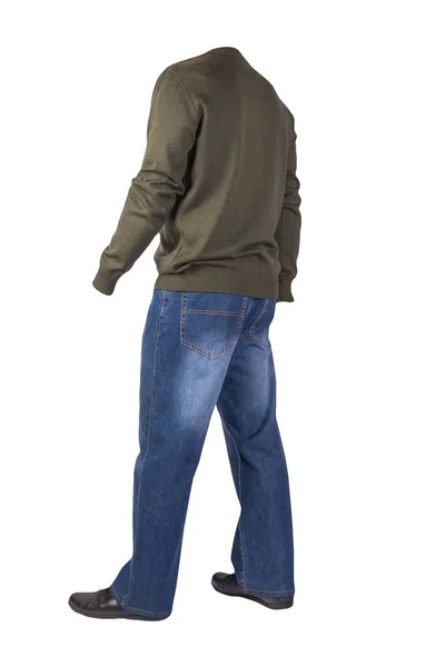 Dunkelblaue Jeans Schwarze Lederschuhe Dunkelgrüne Bomberjacke Auf Weißem Hintergrund Lässiger — Stockfoto