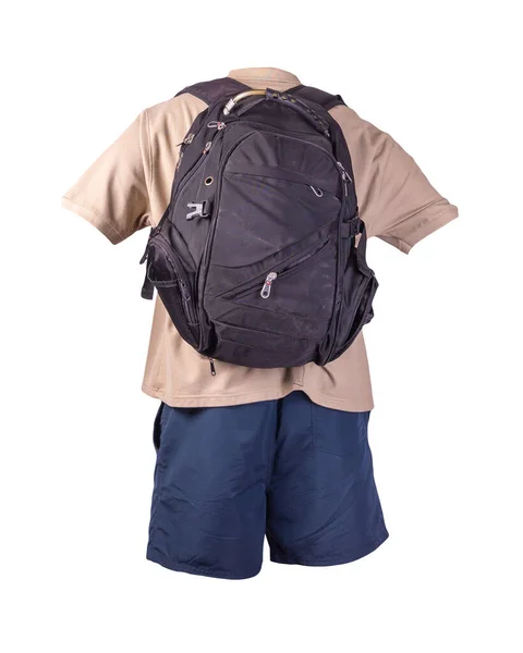 Schwarzer Rucksack Dunkelblaue Sporthose Beiges Hemd Mit Kragen Und Knöpfen — Stockfoto