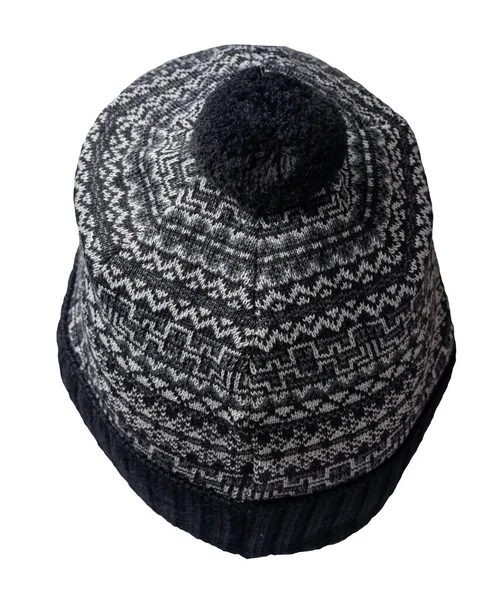 Kötött Fekete Fehér Kalap Elszigetelt Fehér Background Hat Pompon — Stock Fotó