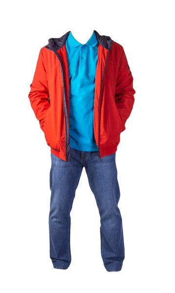 Rote Jacke Mit Reißverschluss Blaues Hemd Und Blaue Jeans Auf — Stockfoto